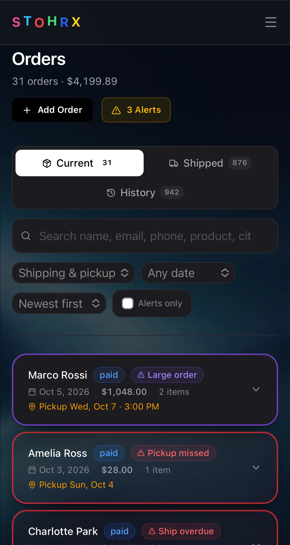 Dashboard order management on a phone